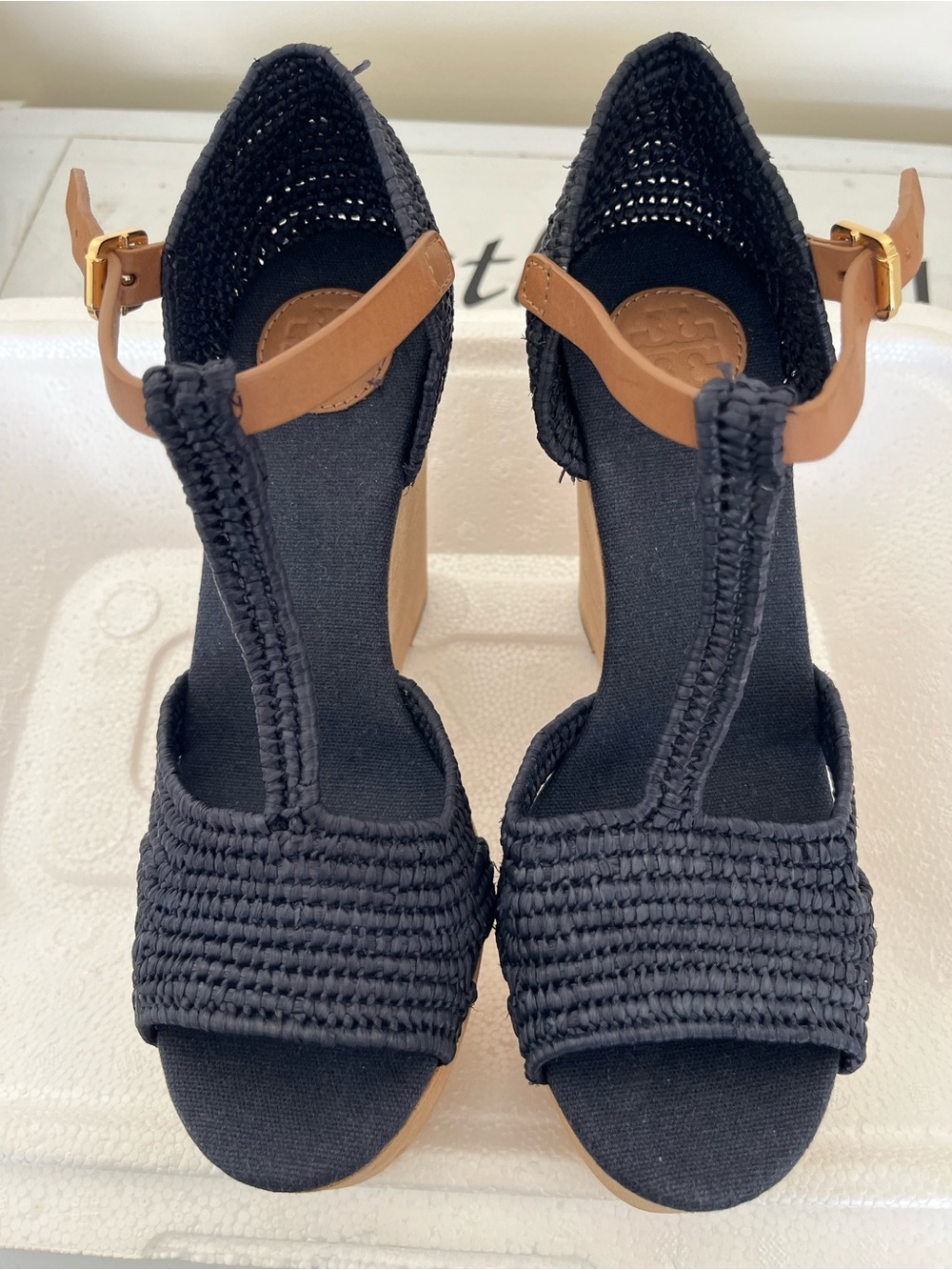 Tory Burch Black Woven T-Strap Wedge Sandals NEW Ankle Strap carina size 7